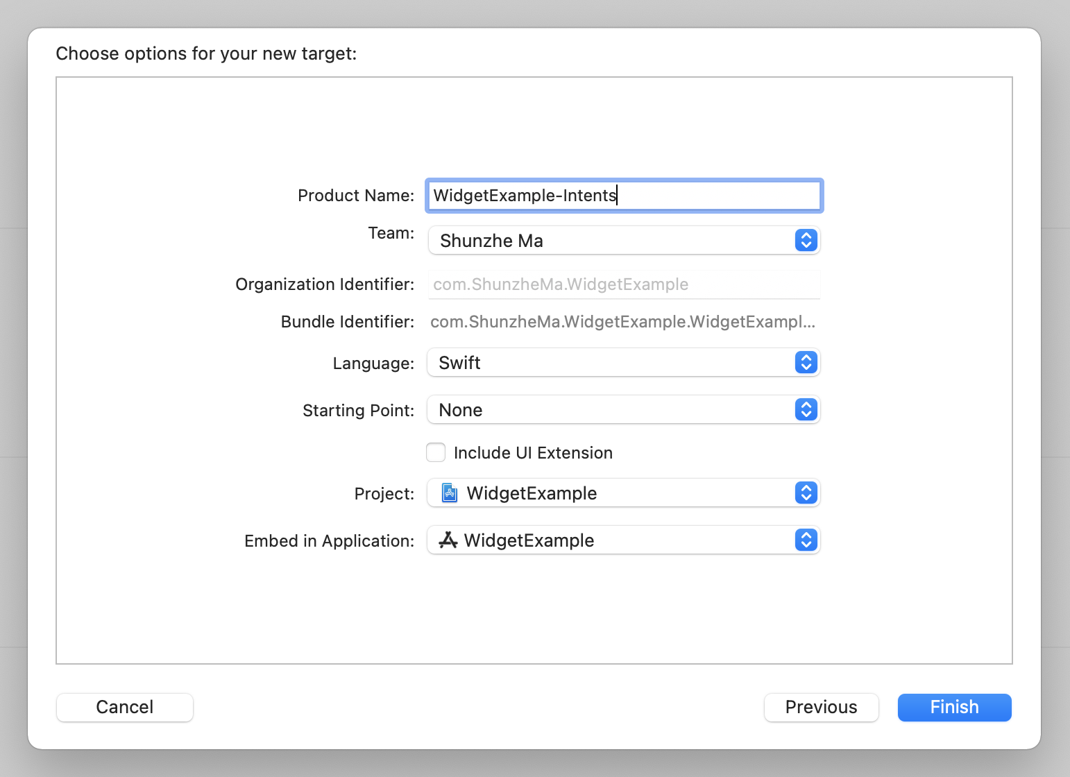 Intents target creation with the UI extension option disabled