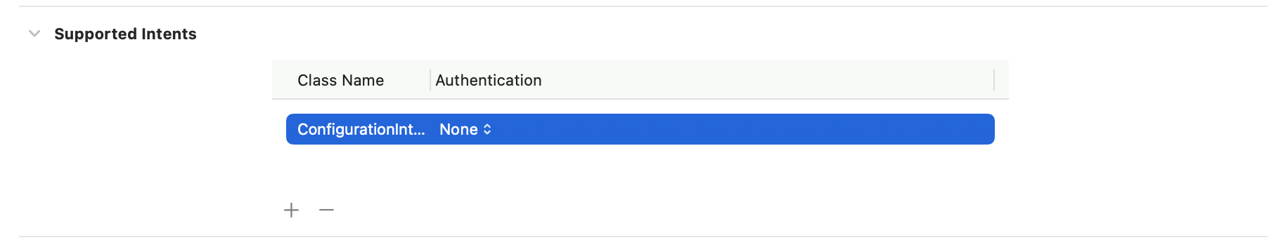 Supported Intents section in the Intents target settings