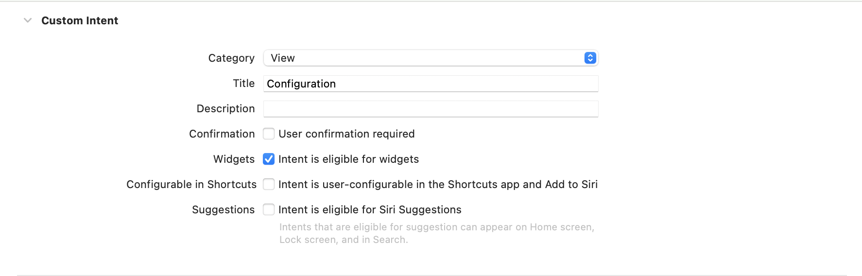 Configuration intent setup screen with matching options