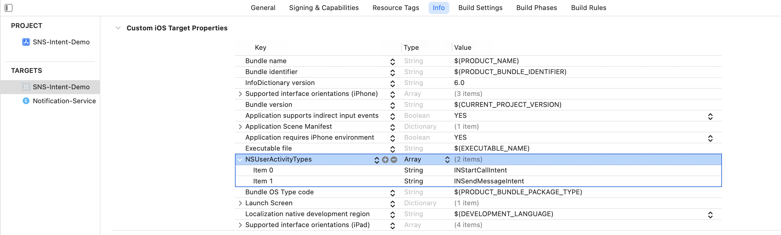 Xcode project settings showing Communication Notifications capability and related configuration
