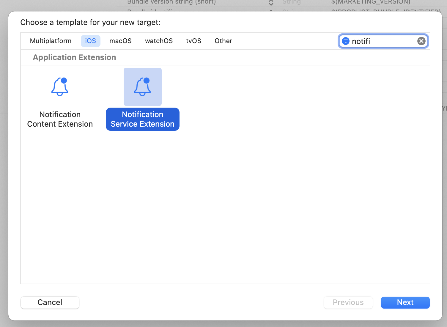 Xcode dialog for adding a Notification Service Extension target