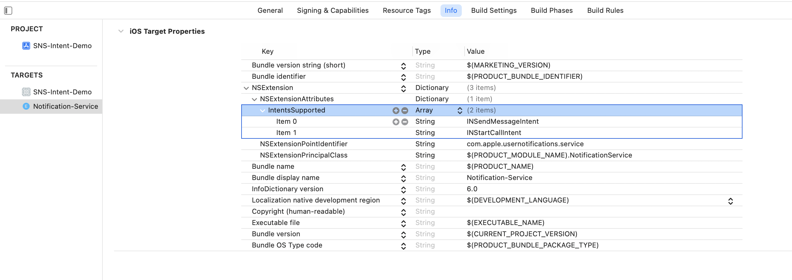 Notification Service Extension Info.plist configuration
