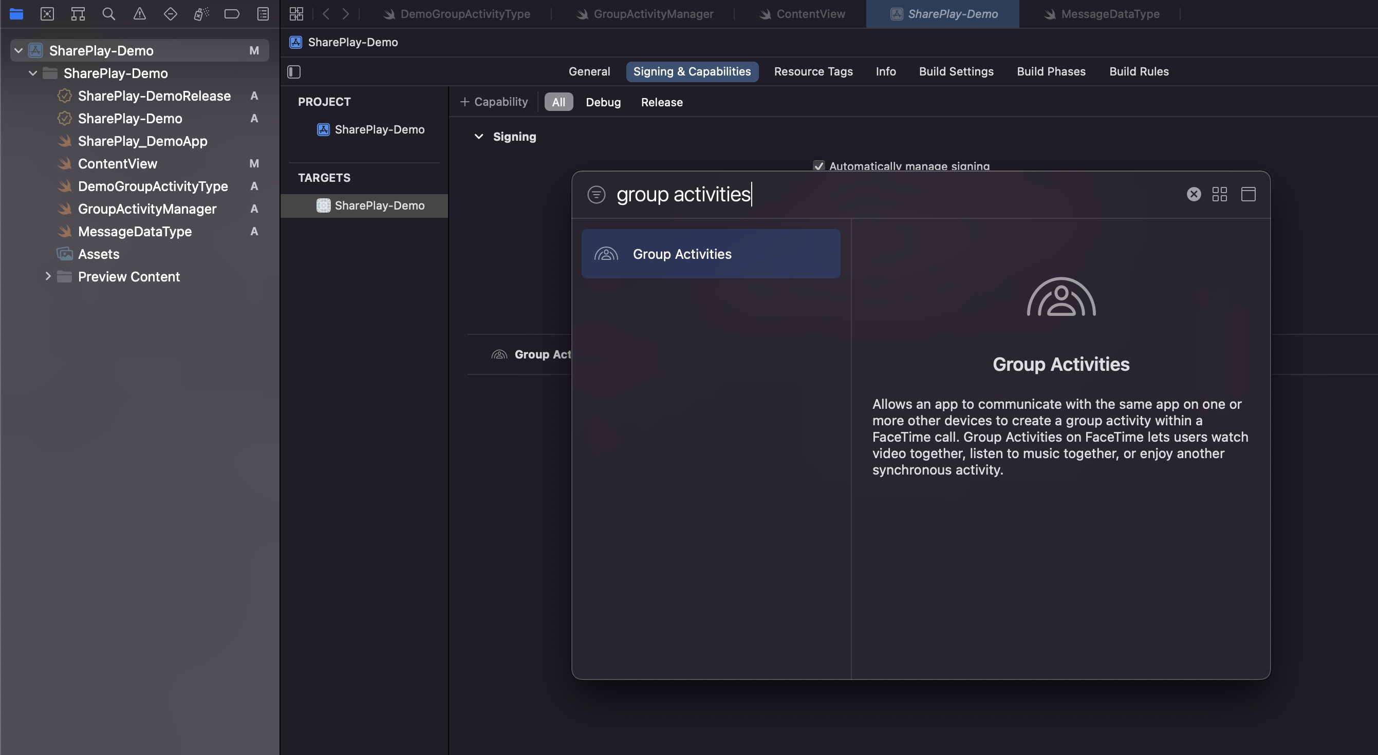 Xcode Signing and Capabilities showing Group Activities