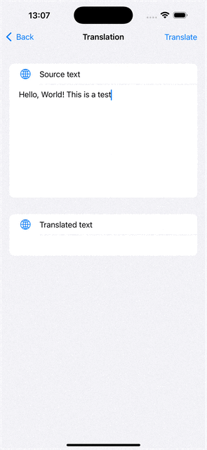 Built-in SwiftUI translation sheet shown from Apple's Translation framework