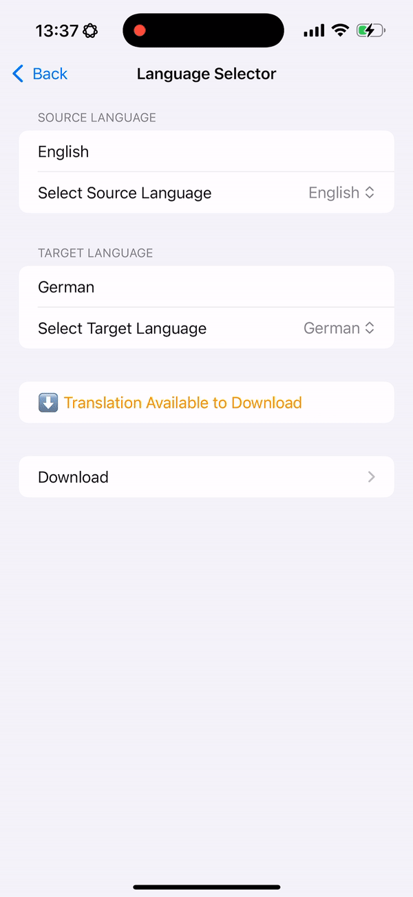 Translation model download flow for Apple's Translation framework