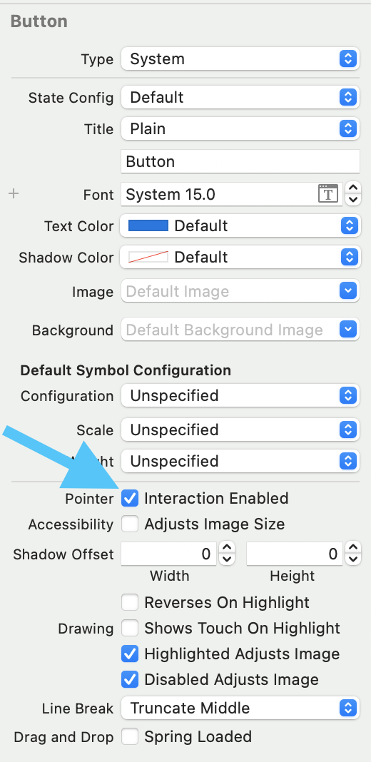 Storyboard inspector showing the pointer interaction enabled checkbox for a UIButton