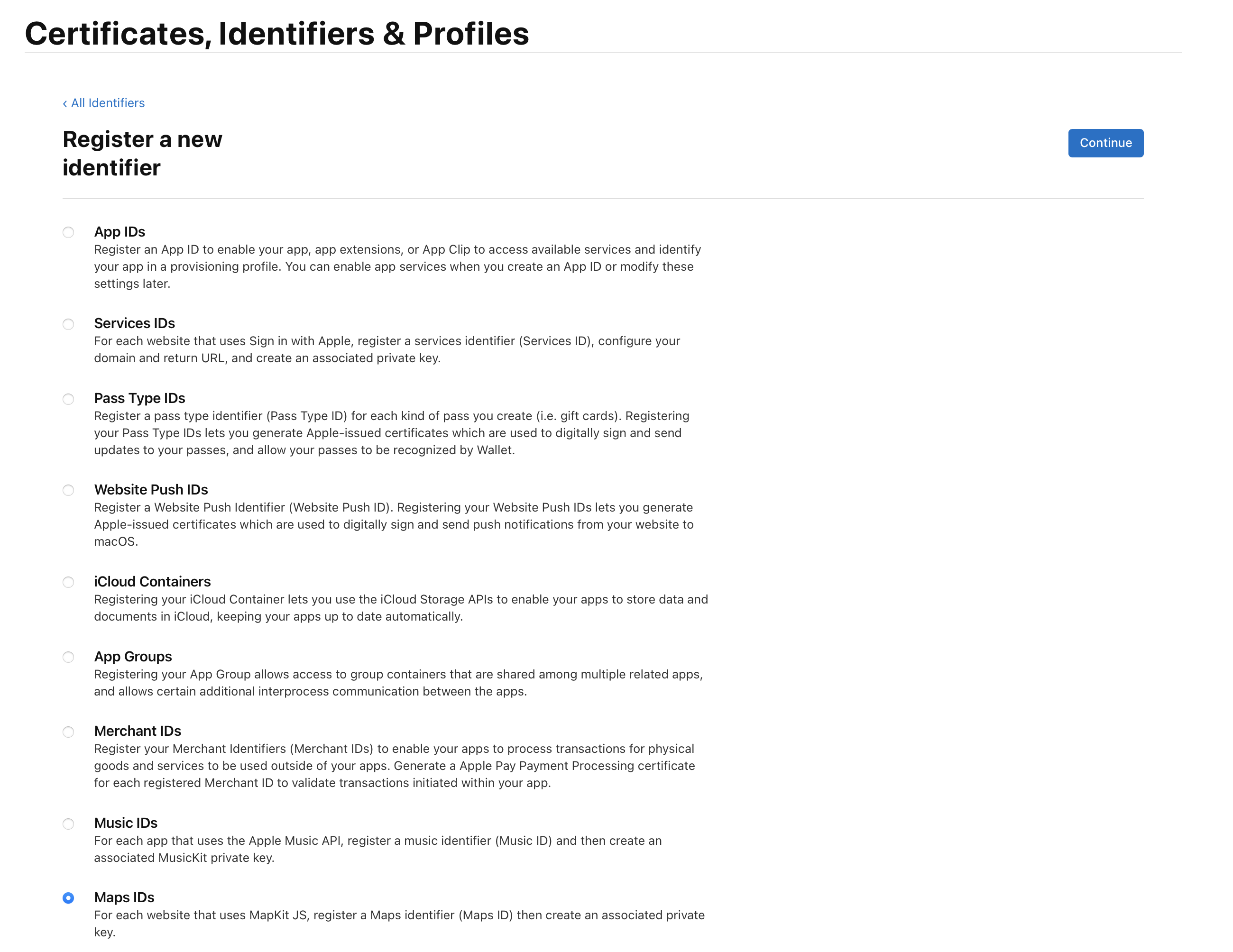 Apple Developer portal screen for creating a Maps ID