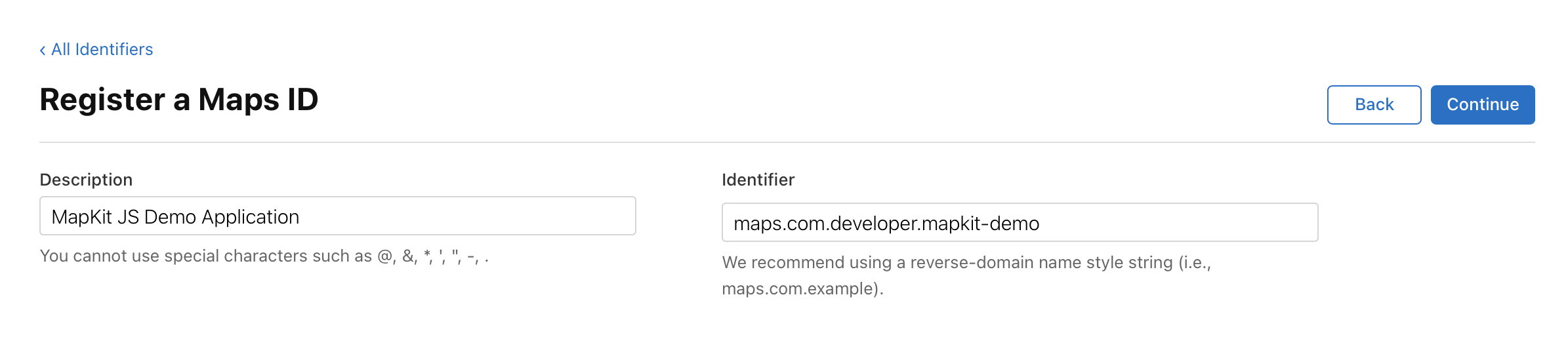 Apple Developer portal screen for entering and registering the Maps ID