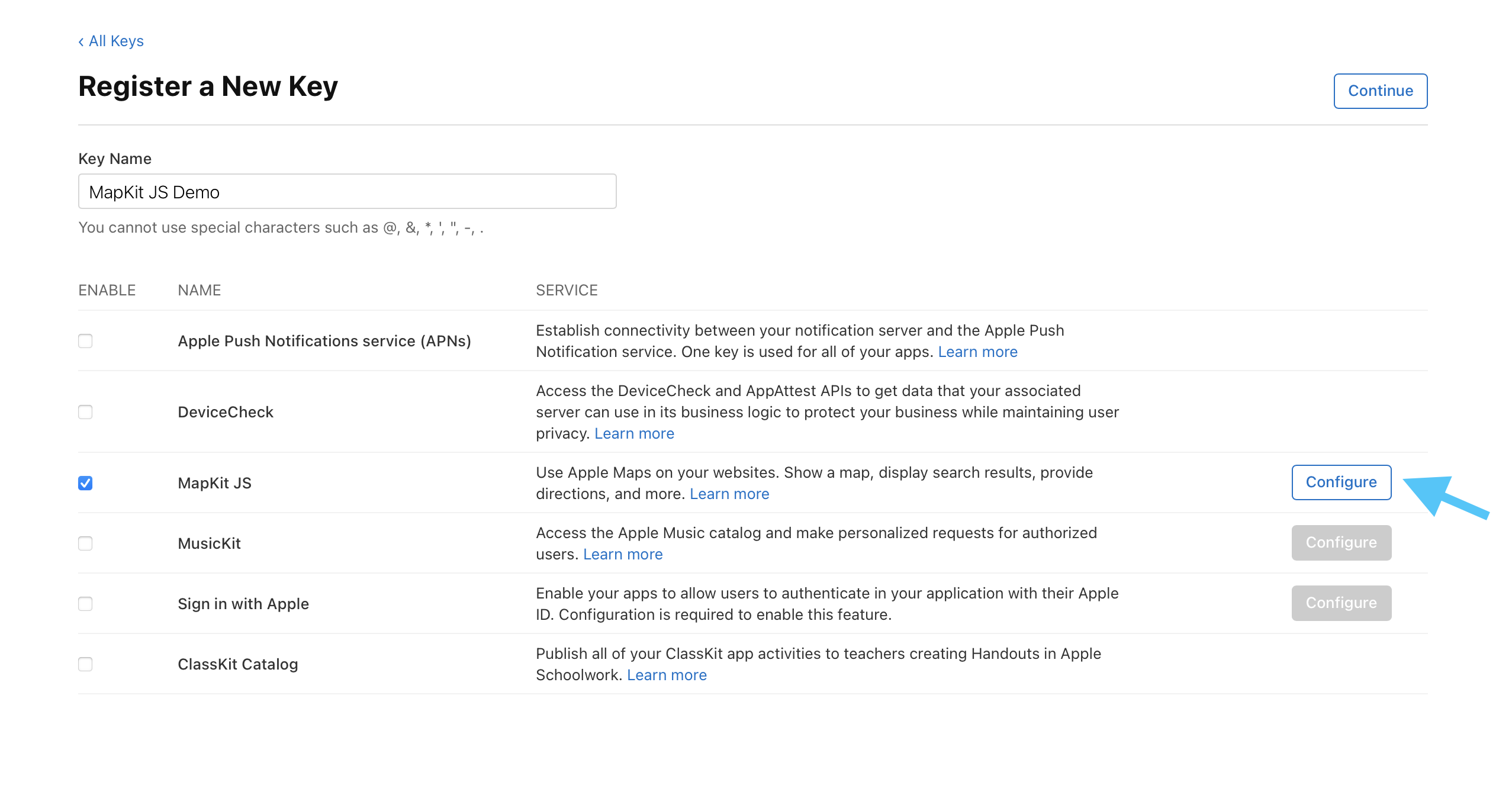 Apple Developer portal screen for creating a MapKit JS key
