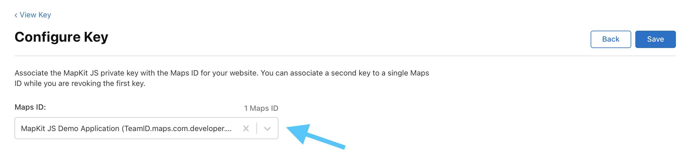 Apple Developer portal screen for selecting the Maps ID during key configuration