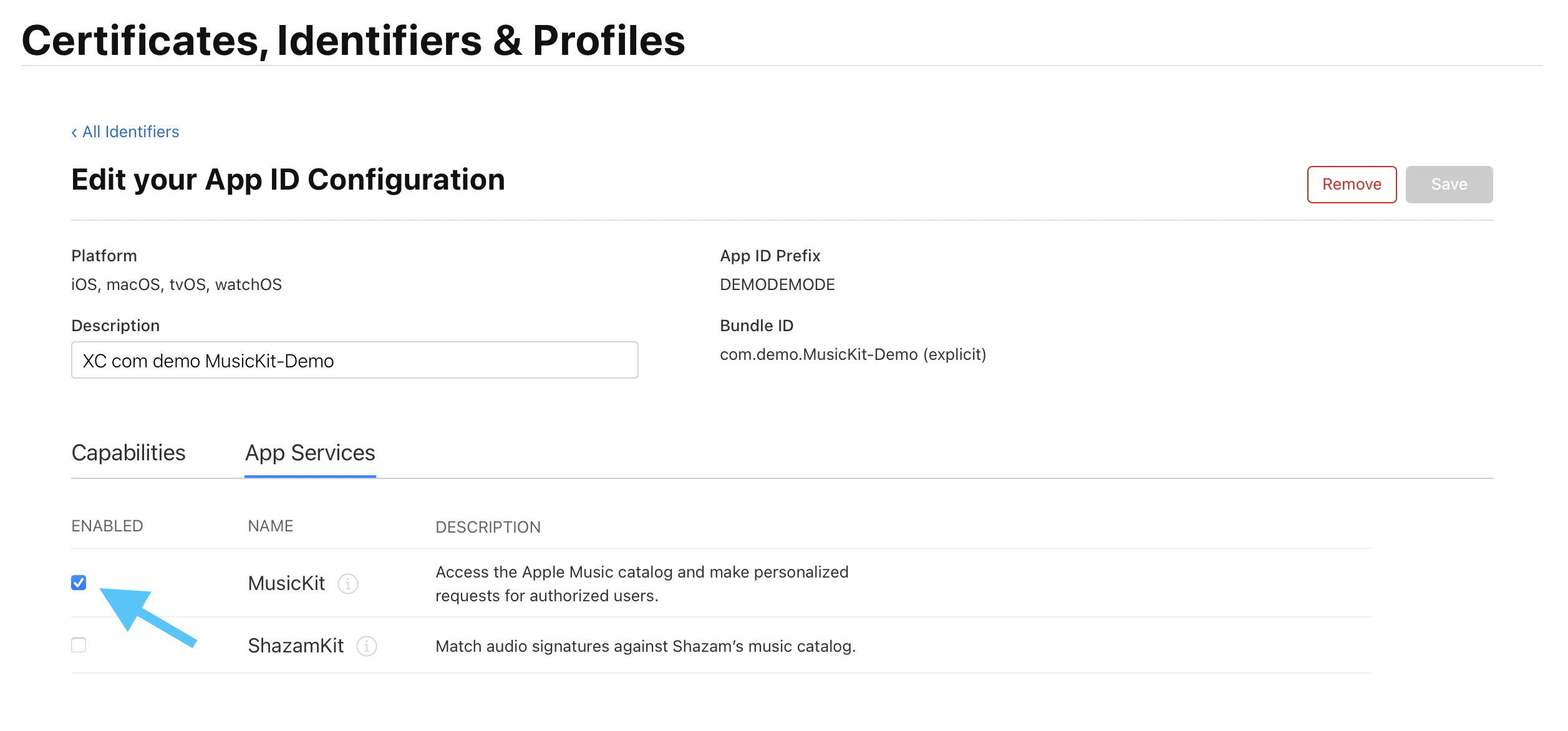 Apple Developer account screen showing the MusicKit capability enabled for an app identifier