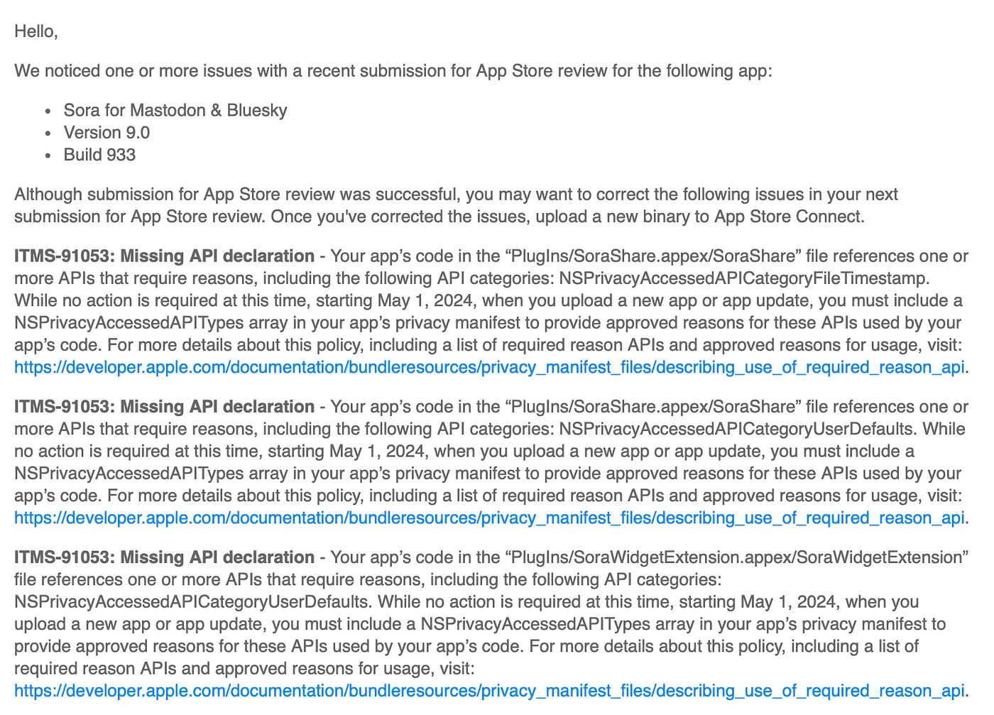 App Store submission email showing the ITMS-91053 missing API declaration warning
