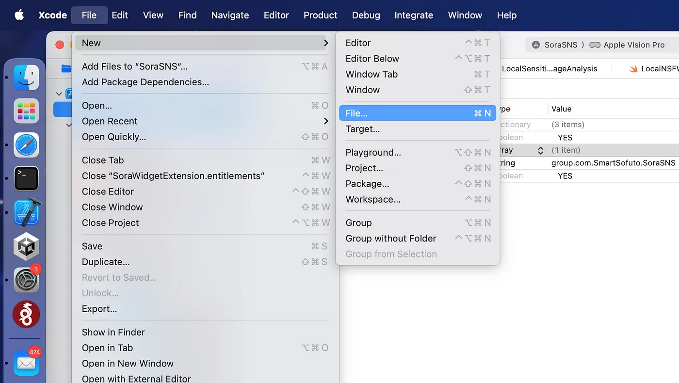 Xcode File menu with the New File action selected