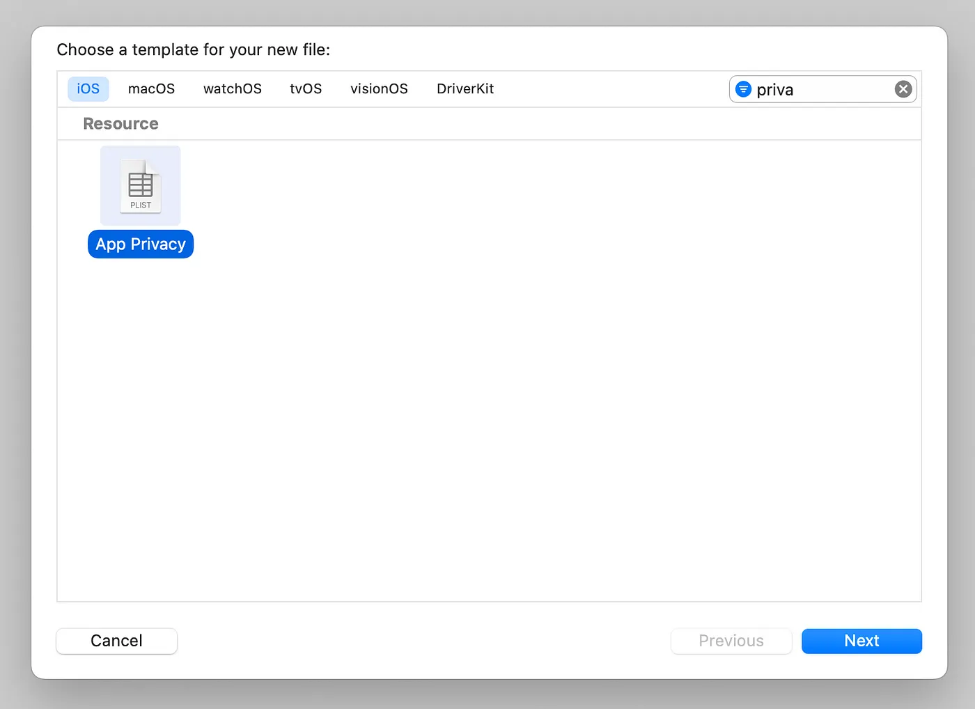Xcode file template chooser showing the App Privacy template