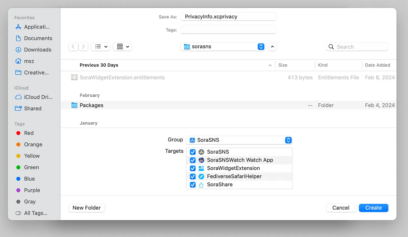 Xcode save dialog showing multiple targets selected for PrivacyInfo.xcprivacy