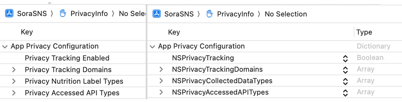 App privacy configuration showing the four top-level privacy manifest categories