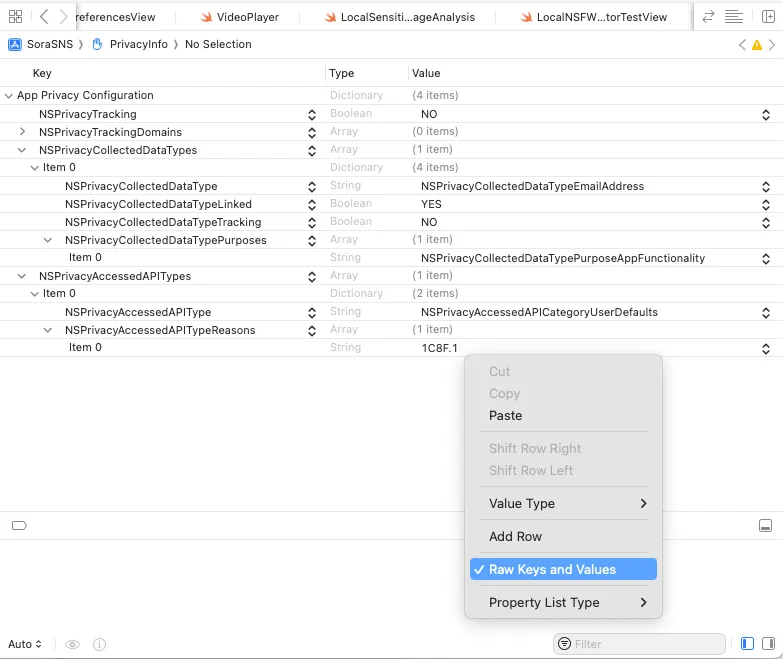 Xcode context menu showing the Raw Keys and Values toggle for the privacy manifest plist