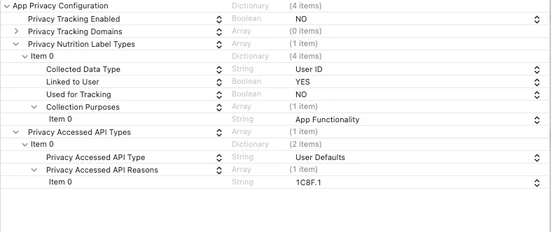 Completed privacy manifest example showing tracking, collected data, and accessed API entries