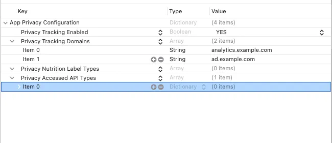 Empty item created inside the NSPrivacyAccessedAPITypes array