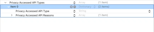 Expanded required-reason API entry showing the API type and reasons fields