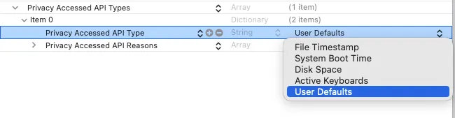 Privacy manifest entry showing User Defaults with reason code 1C8F.1