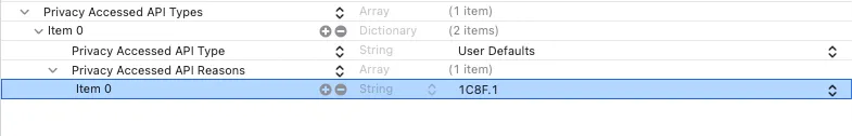 Privacy manifest entry showing the file timestamp API category with reason code 3B52.1