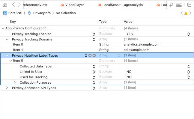 Privacy nutrition label section in the privacy manifest