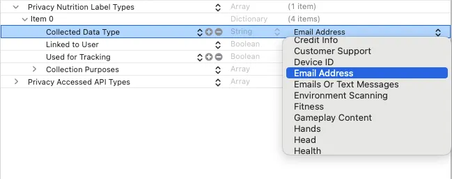 Collected data type dropdown in Xcode with Email Address selected