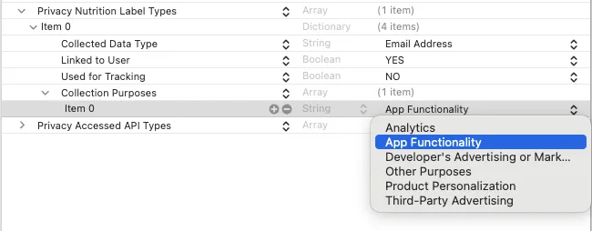 Collection purposes dropdown in the privacy manifest with App Functionality selected