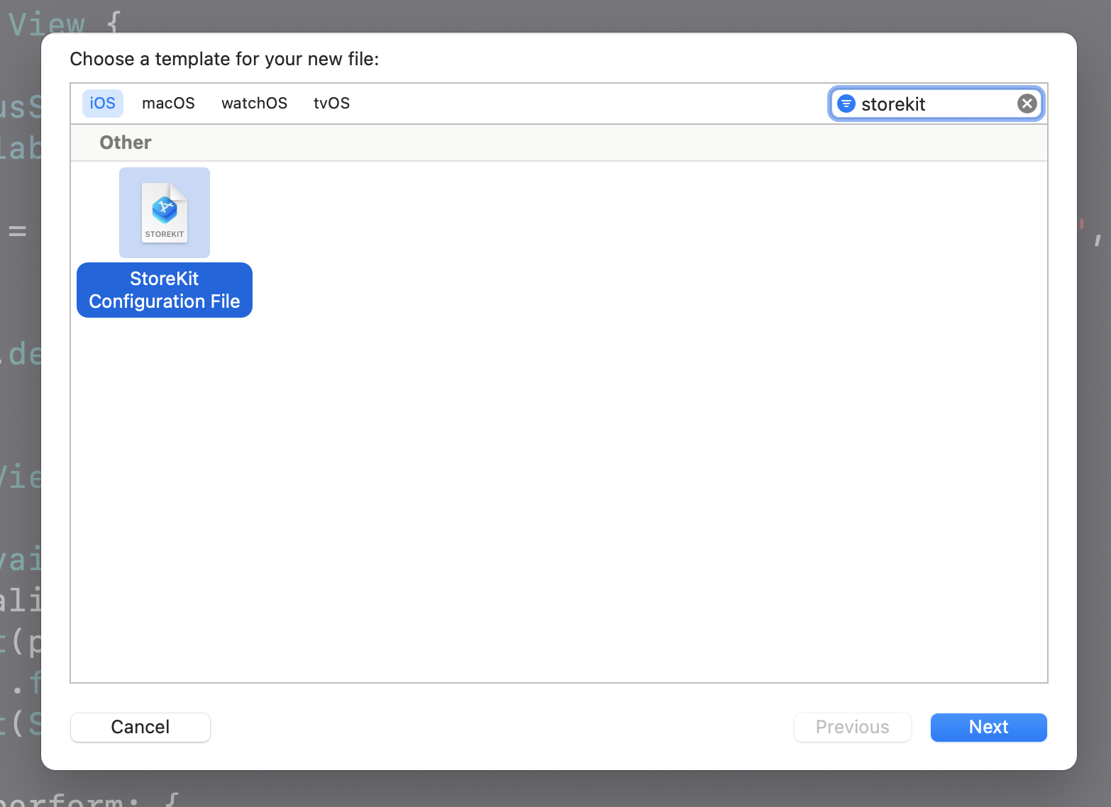 Xcode new file template chooser with StoreKit Configuration File highlighted
