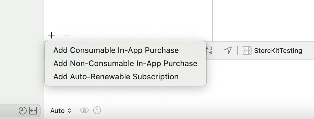StoreKit configuration editor in Xcode showing the add product control