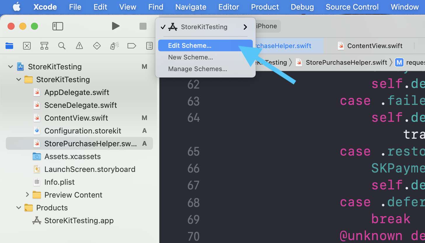 Xcode toolbar menu with Edit Scheme selected