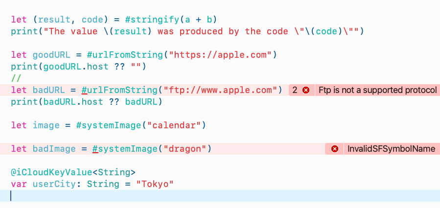 Xcode screenshot showing custom Swift macros catching invalid URLs and invalid SF Symbols during compilation