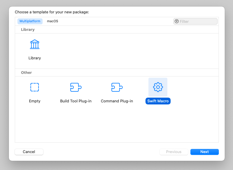 Xcode package creation flow with the Swift Macro package type selected