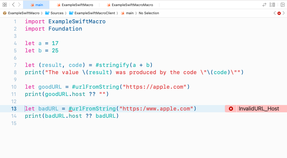 Compiler error shown for an unsupported URL protocol inside a custom Swift macro