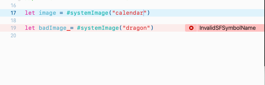 Compiler error shown when a Swift macro receives an invalid SF Symbol name