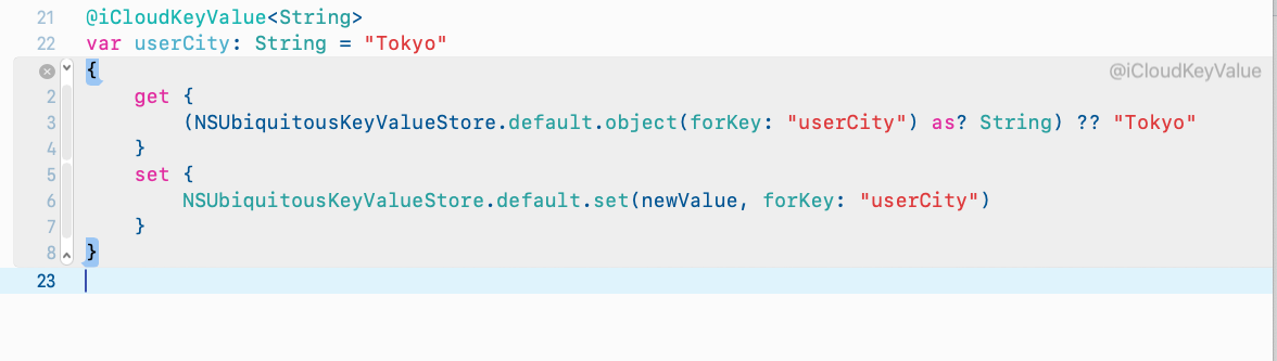 Expanded getter and setter code generated by an AccessorMacro for NSUbiquitousKeyValueStore