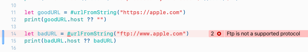 Custom compiler error message emitted by a Swift macro for an unsupported URL scheme