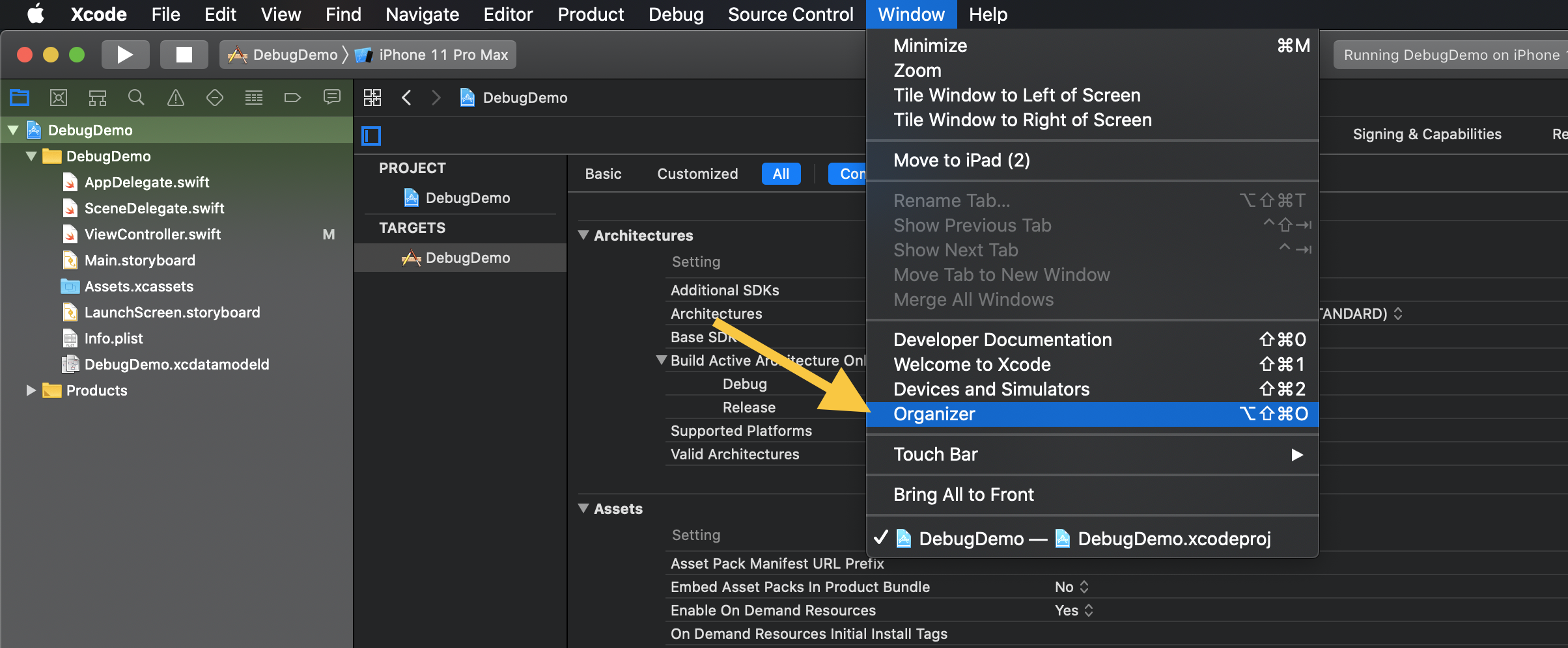 Opening Organizer from the Xcode Window menu