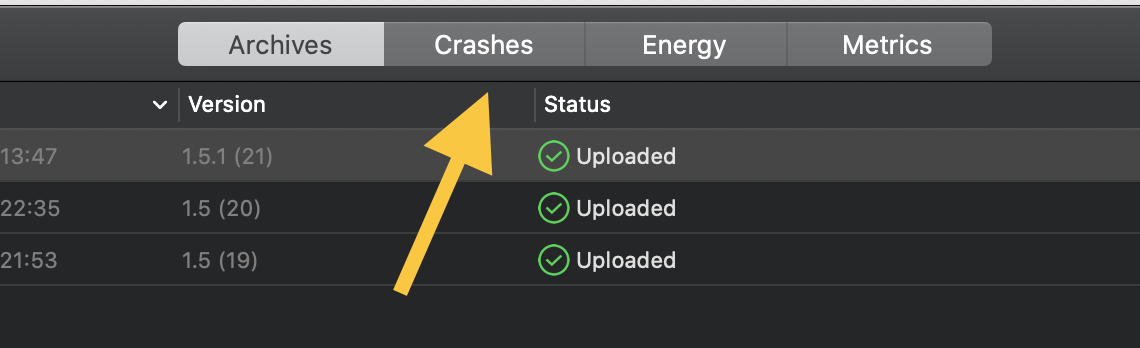 Organizer showing the Crashes section for an app