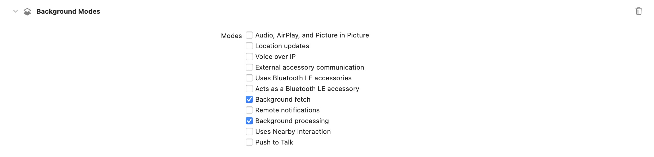 Xcode background modes entitlement settings