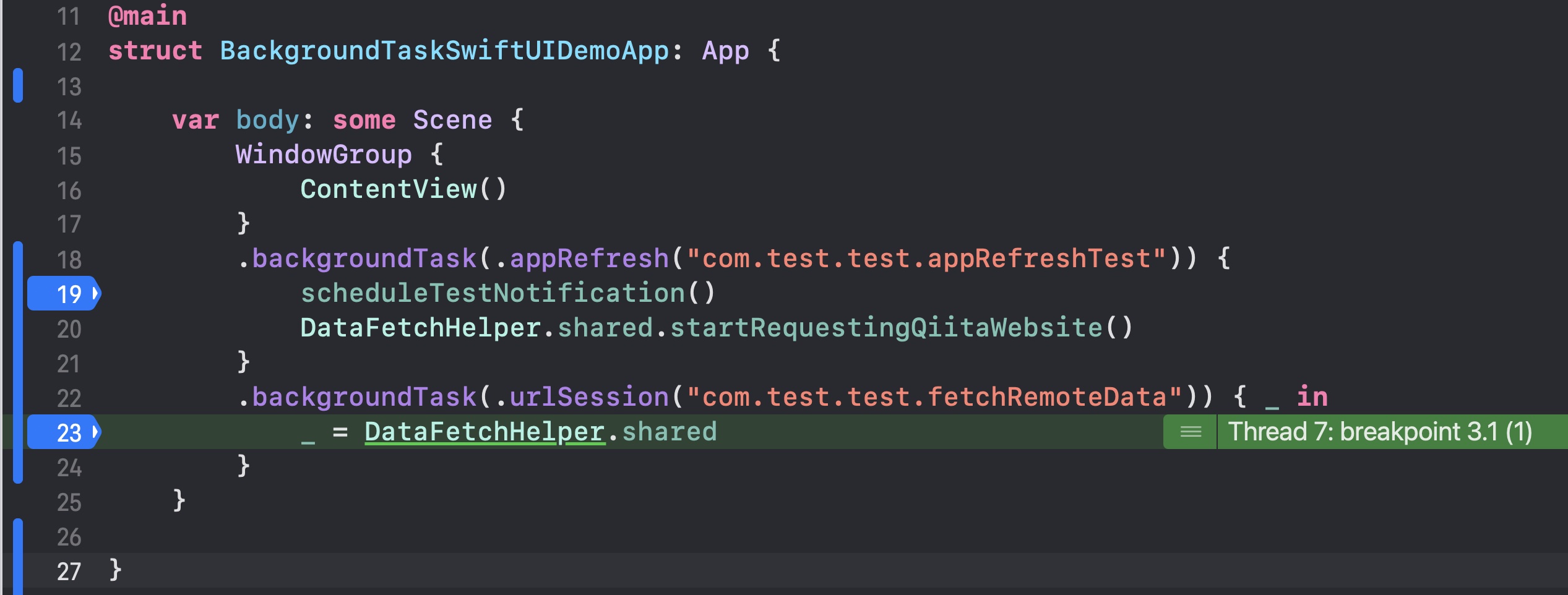 Debugger breakpoint showing a background task executing on device