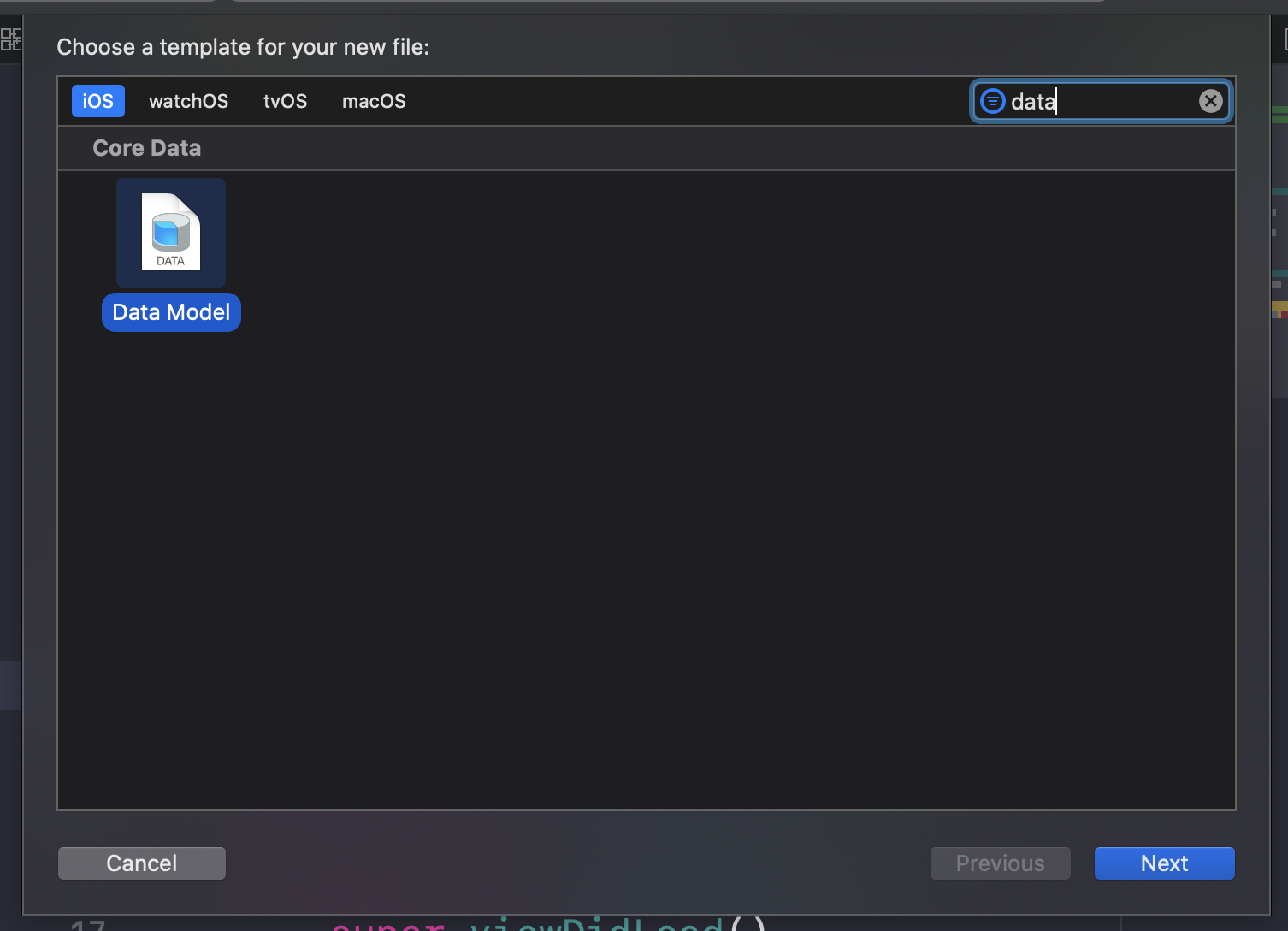 Xcode template picker with Data Model selected