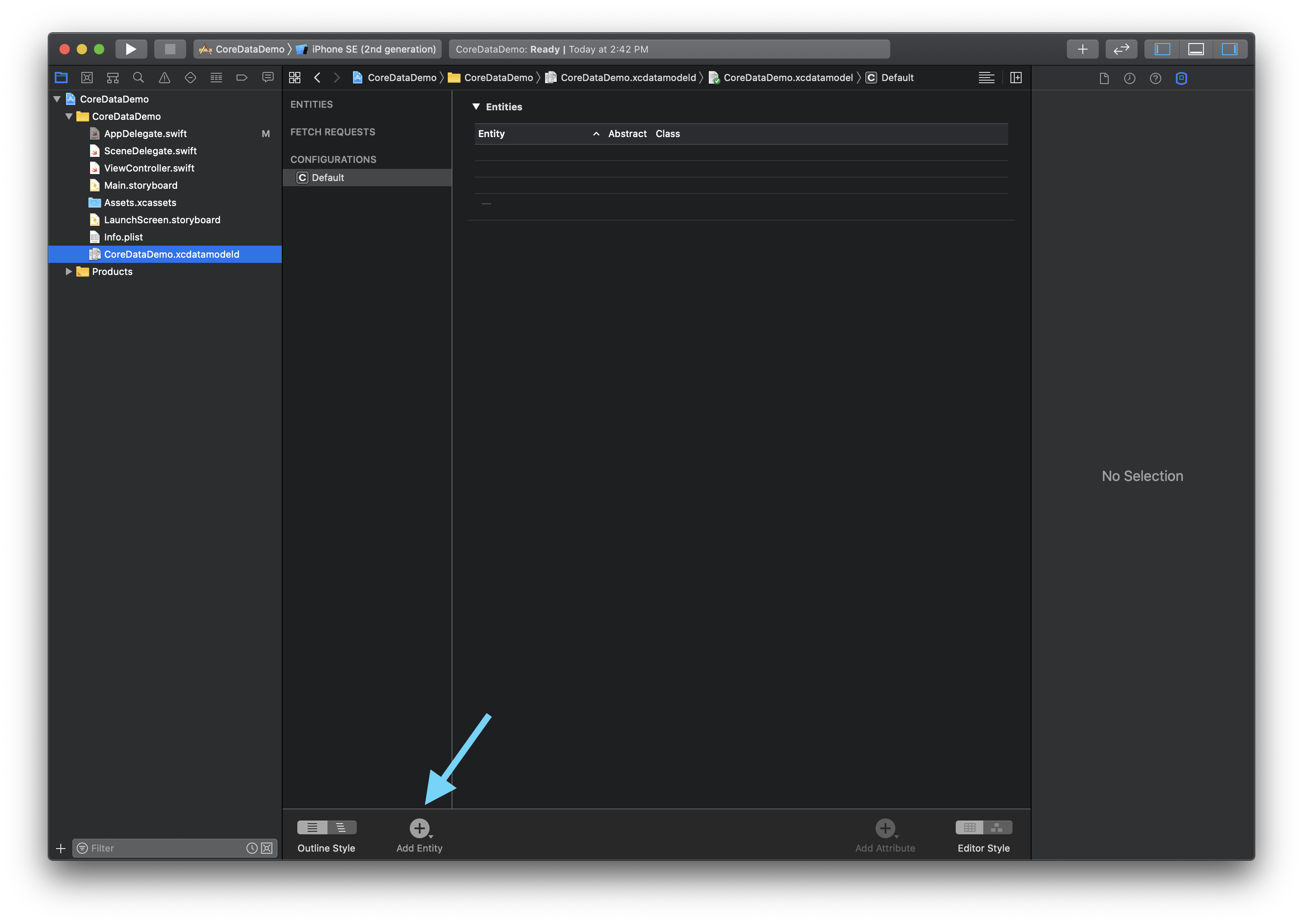 Core Data model editor in Xcode with the Add Entity action highlighted