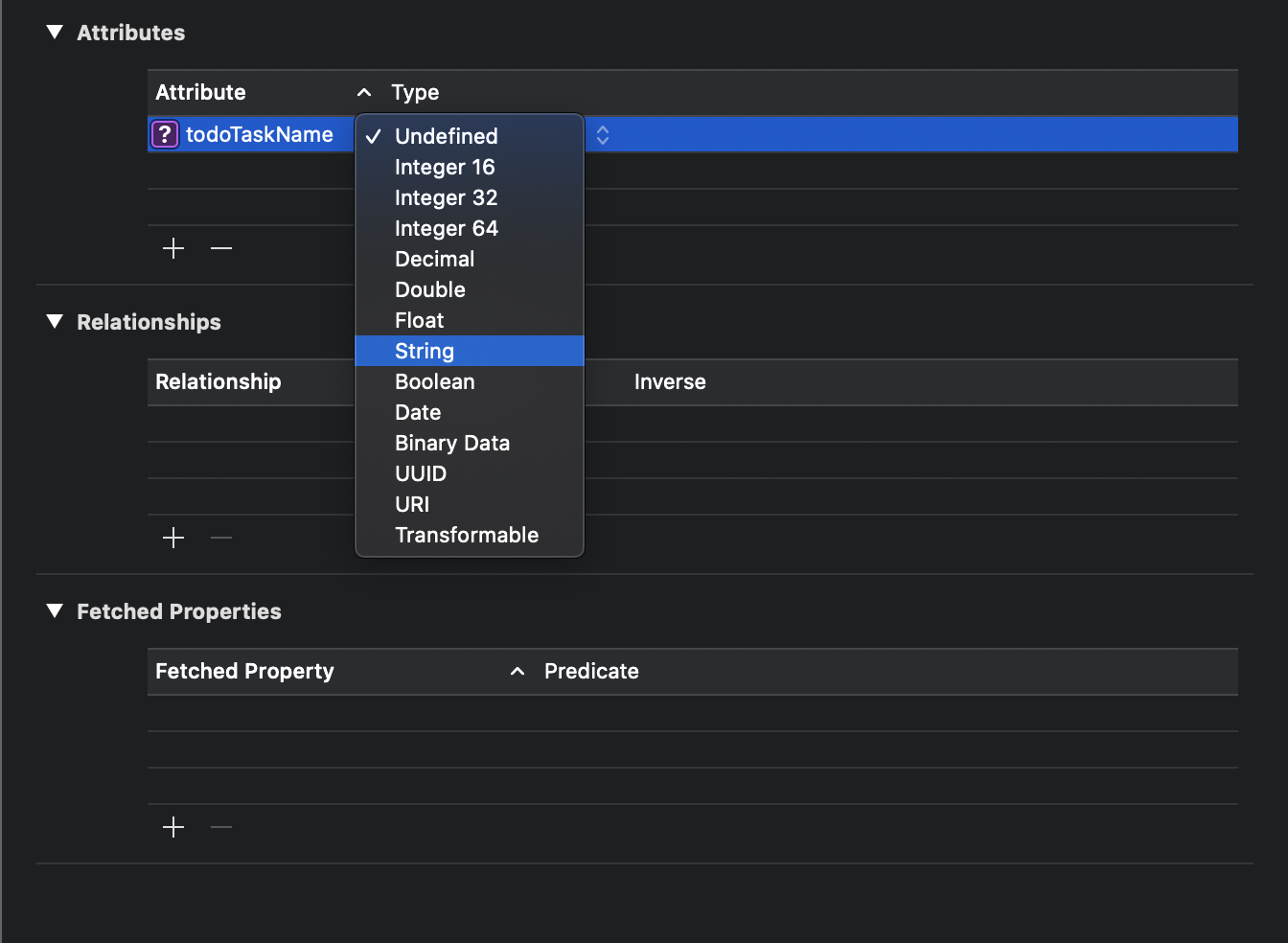 Type dropdown menu for a Core Data property