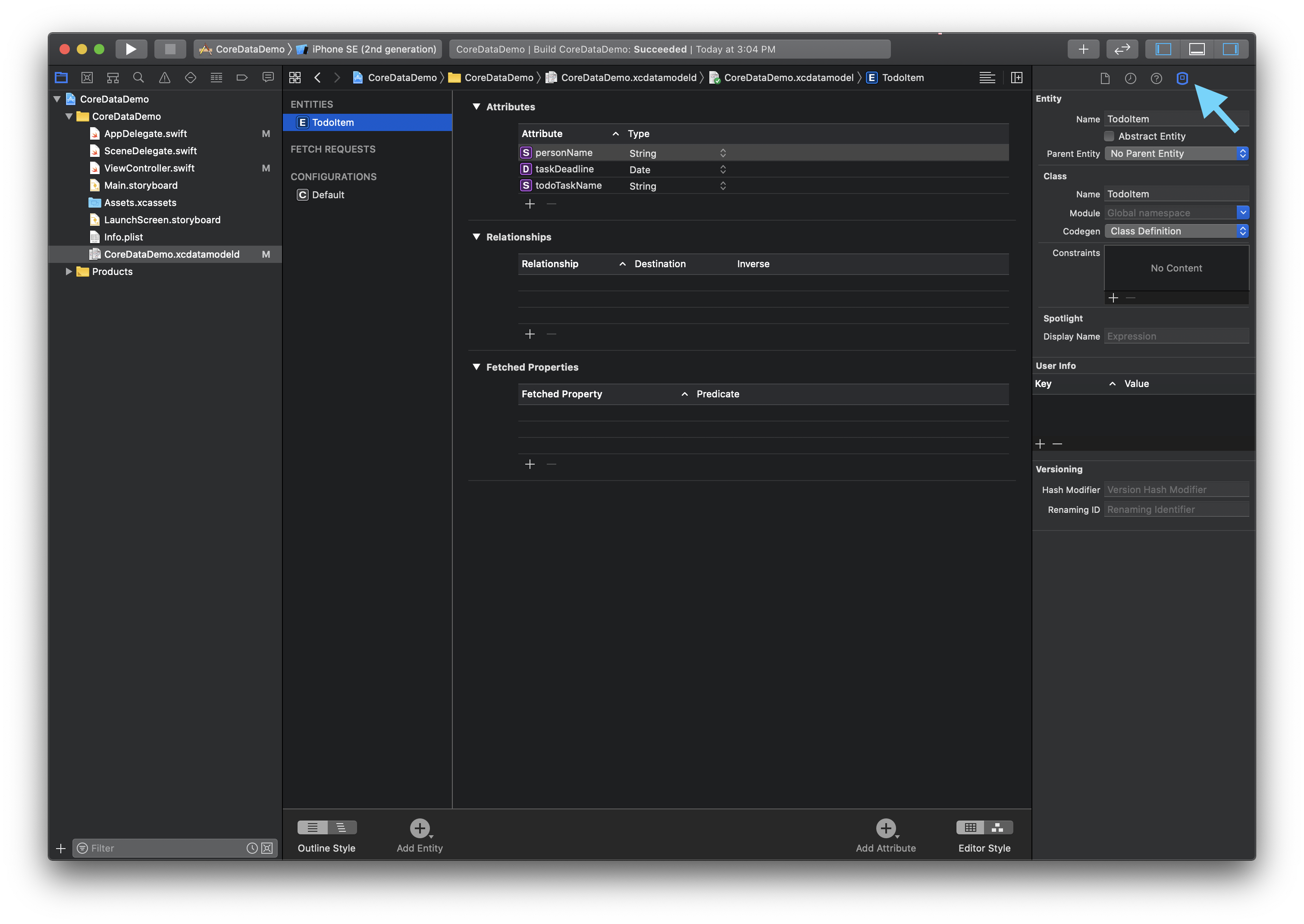 Entity inspector panel in Xcode for Core Data code generation settings