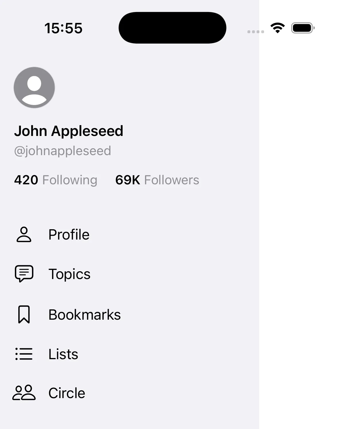 SwiftUI interface showing a sidebar drawer revealed from the left