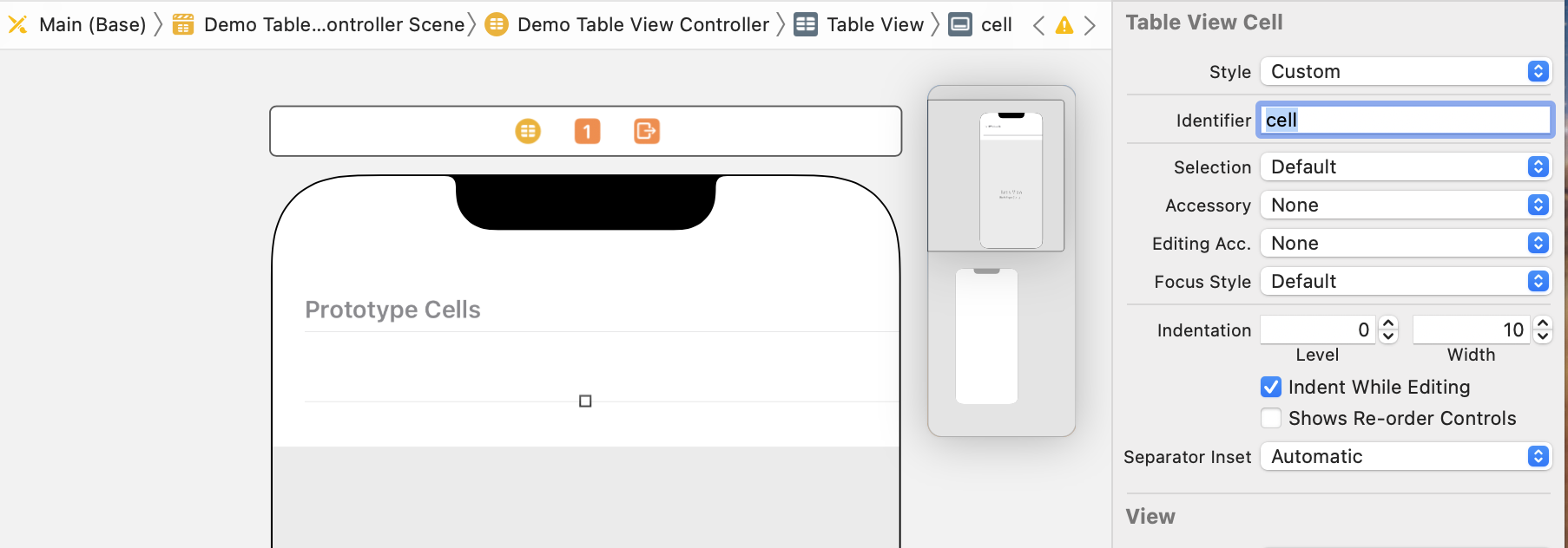 Storyboard screenshot showing an empty UITableViewCell with the reuse identifier set to cell