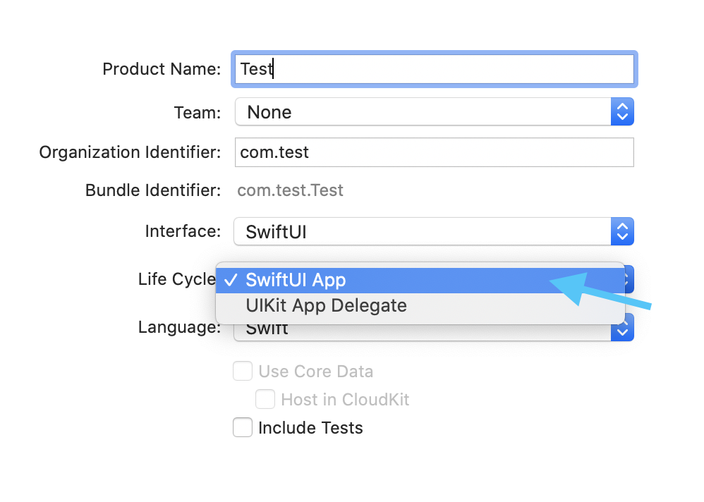 Xcode screenshot showing the SwiftUI app template that replaced the older app delegate and scene delegate setup