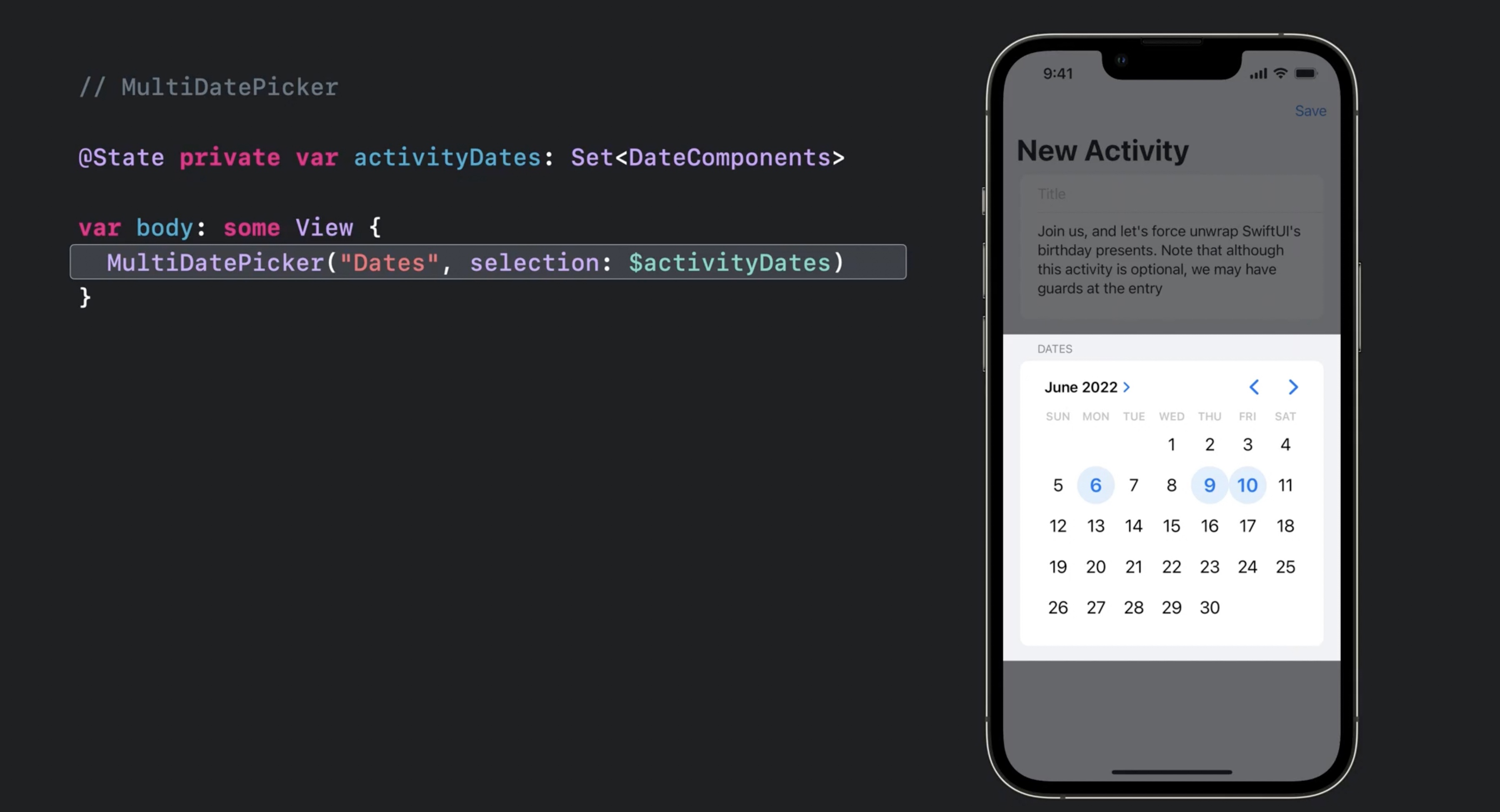 SwiftUI MultiDatePicker allowing selection of multiple calendar dates